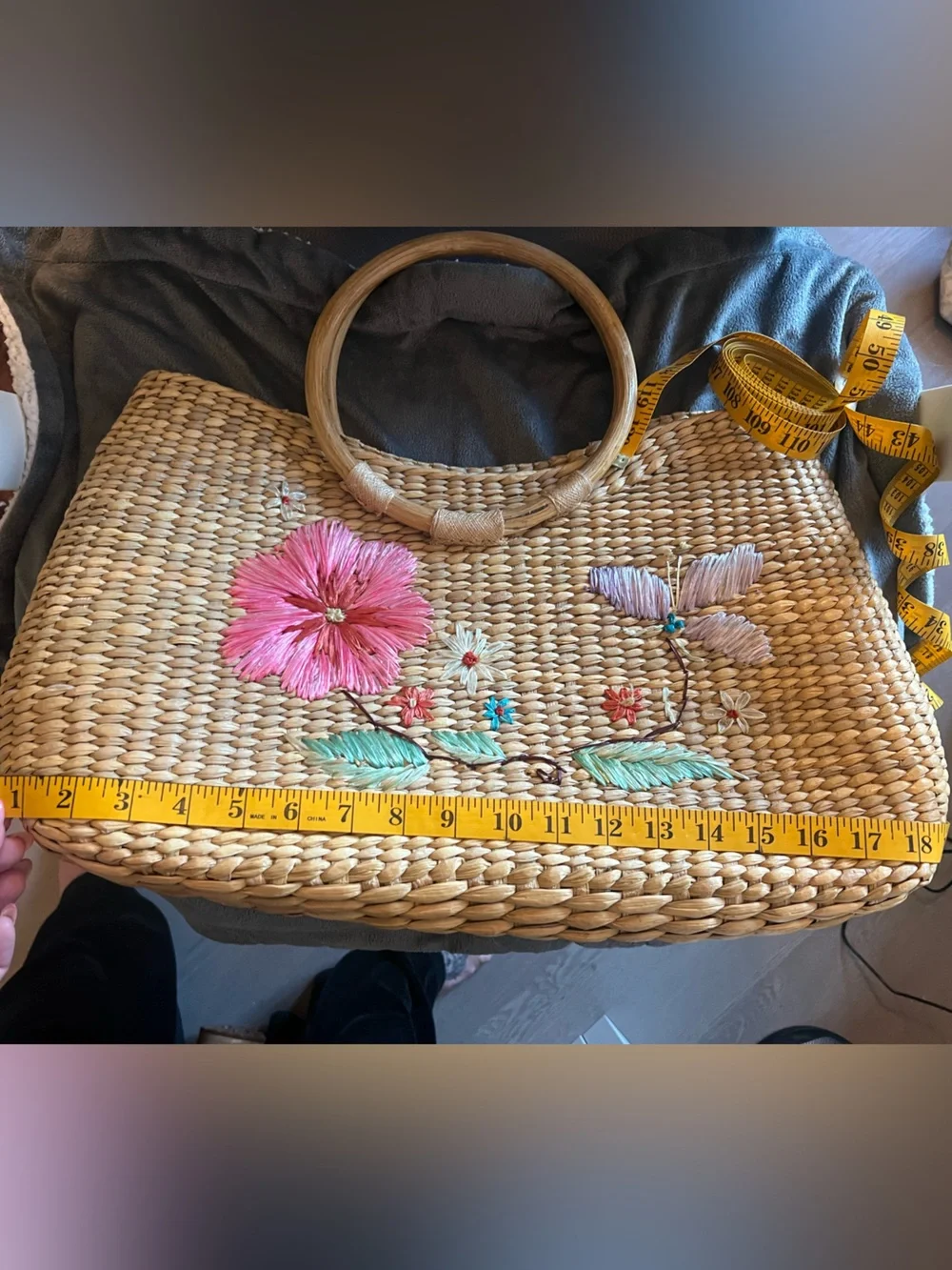 Vintage 70s Straw Woven Tote | Floral + Butterfly Deco-Bamboo Handles | Boho Bag - Picture 3 of 12